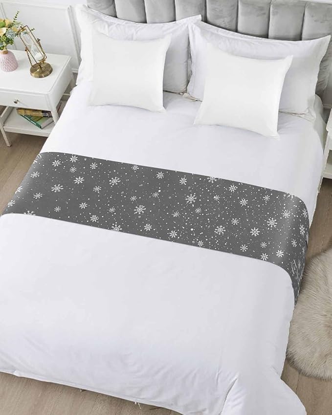 Christmas Snowman Winter Snowflakes Bed Runners for Bedroom Hotel,Decorative Bedding Scarf Gray White Bed End Blanket Bedding Runner Scarves for King Size Bed,102x20in