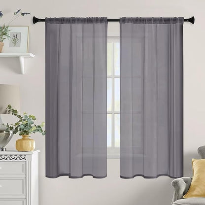 Sheer Curtains 45 Inches Long 2 Panels, Rod Pocket Short Curtain for Kitchen, Bedroom, Cafe Window(Grey 38" W x 45" L)