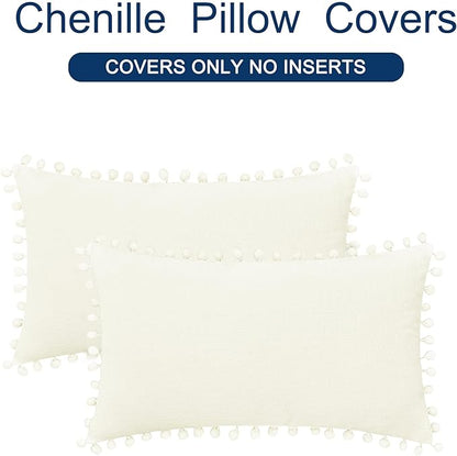CaliTime Throw Pillow Covers Decorative 20 X 12 Inches Pack of 2 Cozy Solid Dyed Soft Chenille Cushion Cases with Pom Poms for Couch Sofa Bed Living Room Home Cream