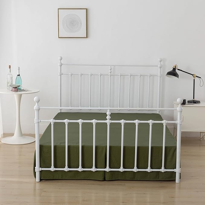 Bed Skirt King Size, Pleated Waffle Weave Bed Skirt with Split Corners, Tailored Dust Ruffle 16 Inch Drop Easy Fit, Machine Washable, Green, 16" King