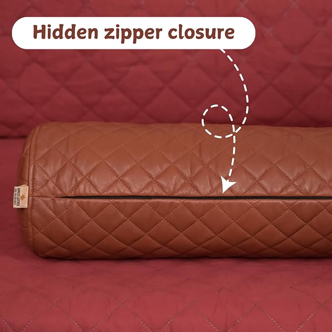 Neck Roll Pillow Cushion Cover, 24x7 Inch Full Moon Round Bolster Pillow Case, Cylinder Soft Lambskin Leather Pillowcase for Head, Spine & Neck Support During Sleep - Quilted Brown Pack of 2