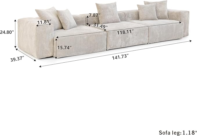 JACH Corduroy Modular Sectional Couch, Oversized Sectional Sofa, Cushion Covers Removable, Modern Deep 3-Seat Couches for Living Room, Office (Beige)