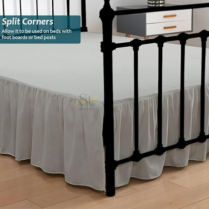 Shreem Linen Ruffled Bed Skirt with Split Corners, Gathered Style, 100% Microfiber, 15-Inch Drop, Dust Ruffle Bedskirt with Platform, Queen, Light Grey