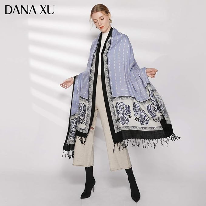 DANA XU 100% Merino Wool Pashmina Shawl for Women 96"x43", Oversized Cashmere Wrap with Tassels, Floral Travel Blanket Cape