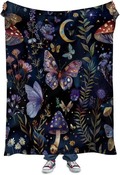 Celestial Witch Garden Throw Blankets Butterfly Moon Flower Fleece Throw Blanket,Dark Botanical Floral Plant Boho Cozy Decor Nap Blankets for Sofa Bed Couch Chair or Dorm Throws 70"x80"