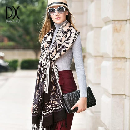DANA XU 100% Merino Wool Extra Large Pashmina Blanket Travel Scarf Cashmere Wrap for Women Fall Winter Oversize Shawl Floral