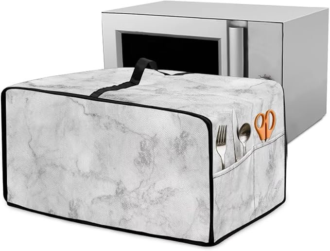 White Marble Texture Print Microwave Oven Dust Cover Polyester-Linen Fabric Dust Cover for Microwave Oven Universal Dust-Proof Kitchen Appliance Protector Fits Most Microwaves, M