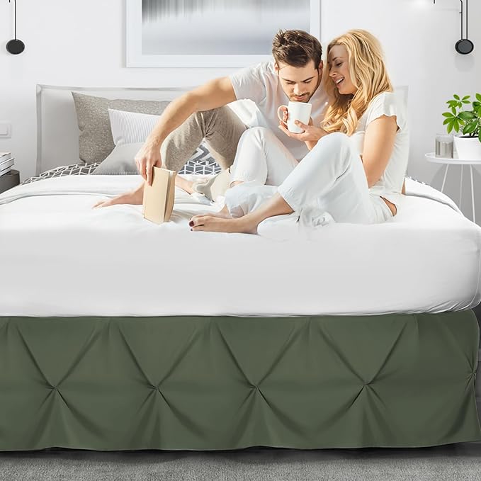 Nestl Olive Green Bed Skirt Queen Size, Pinch Pleat Queen Bed Skirt, 14" Inch Drop Queen Bedskirt, Hotel Quality Olive Green Bed Skirts, Microfiber Bedskirt for Queen Bed, Olive Green Queen Bed Skirt
