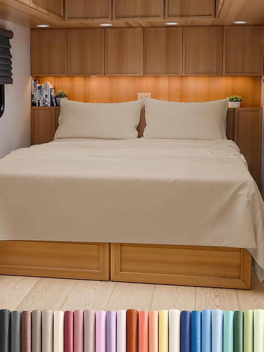 RV Short Queen Sheet Set 60 X 75 - 4 Piece RV Short Queen Bed Sheets - Soft, Breathable and Cooling - Designed for Bunks, Trailers & Campers - Fits 8” to 12" Mattress - Hotel Luxury Bedding - Cream