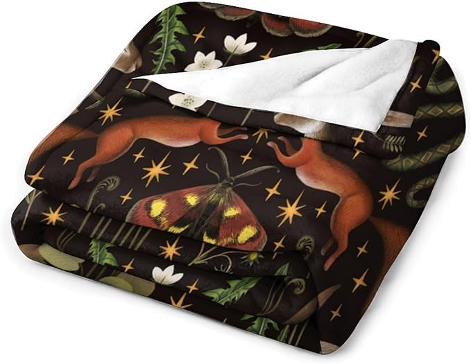 Rustic Forest Throw Blanket, Fairy Tale Forest Land Wild Animals Moths Flowers Moon Star Soft Flannal Blanket for Adult Kids Bed Couch Sofa, 50"x60"