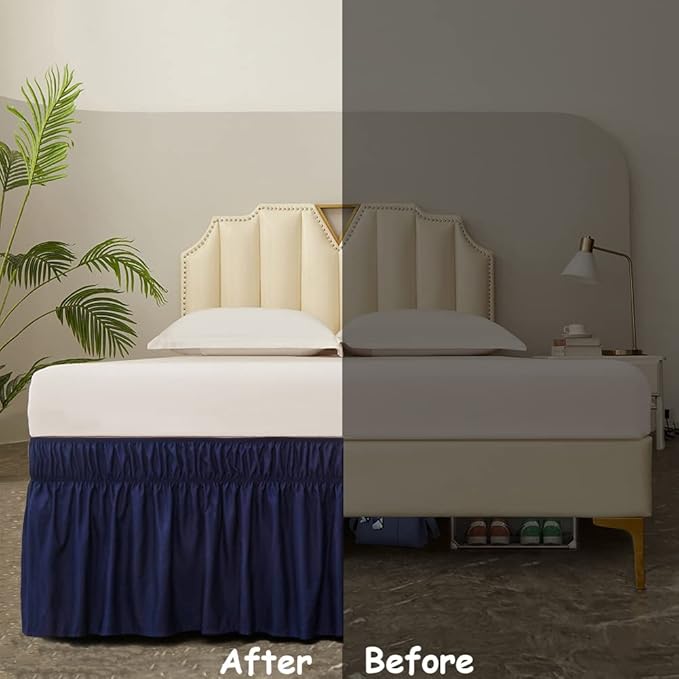 MEILA Wrap Around Bed Skirt Three Fabric Sides Elastic Dust Ruffled 14 Inch Tailored Drop,Easy to Install Fade Resistant-Navy Blue, Twin/Full