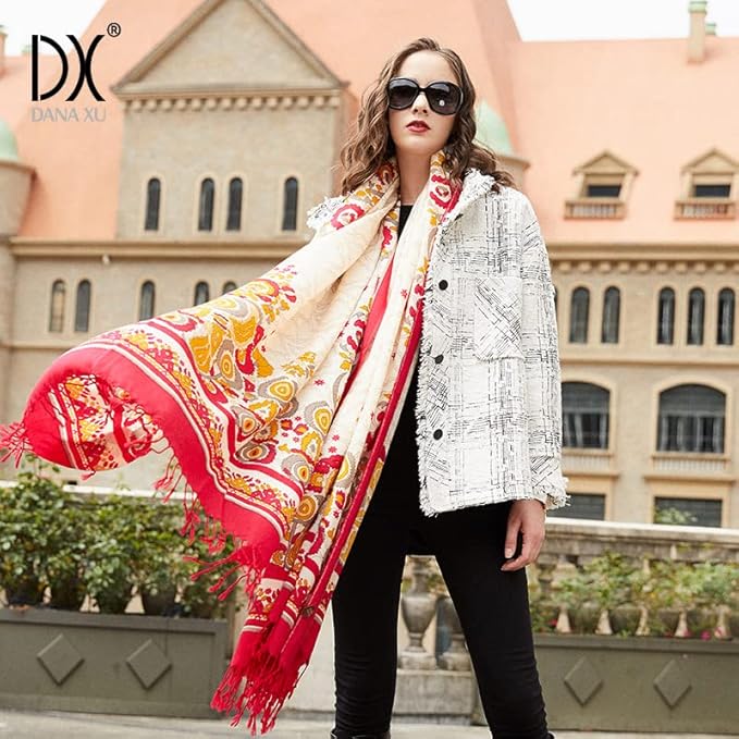 DANA XU 100% Merino Wool Pashmina Shawl for Women 96"x43", Oversized Cashmere Wrap with Tassels, Floral Travel Blanket Cape