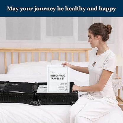 Extguds Disposable Travel Set: Bed Sheet×1+Duvet Cover×1+Pillow case×2+Bath Towels×2+Shower Caps×2+Plastic Bathtub Bag×2+Toilet Seat Covers×2+Compression face Towel×8+Toothbrushes×2+Slippers×2