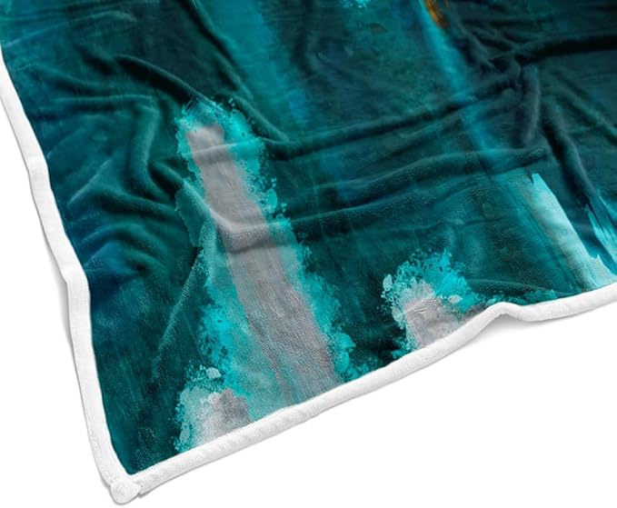 Abstract Ombre Throw Blankets, Modren Chic Art Oil Painting Cozy Warm Bed Couch Blanket, Teal Turquoise Gold White Fleece Flannel Throws to Decorate The Room and Bedroom