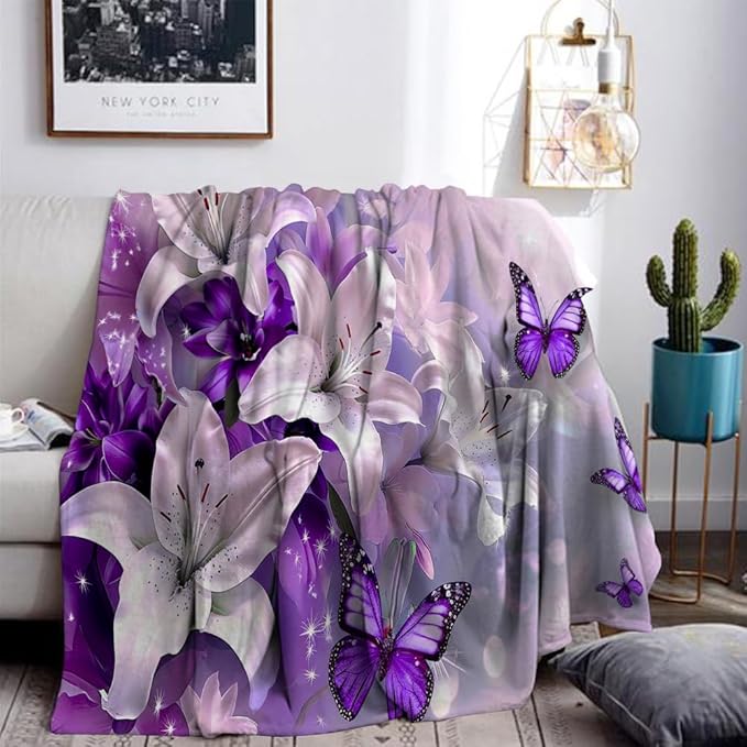 Purple Butterfly Flower Throw Blanekts Butterfly Blankets Soft Lightweight Cozy for Bed Couch Sofa Birthday Gifts Women Gifts for Her Anniversary Valentines Mothers Day Flower Gifts 70"x80"