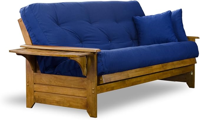 Nirvana Futons Brentwood Tray Arm Futon Sofabed Set - Full Frame, 8" Royal Blue Mattress, Rich Heritage Finish