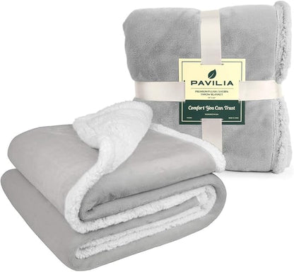 Pavilia Sherpa Fleece Blanket for Bed, King Size, Light Grey, Plush Soft Fuzzy, Cozy Reversible Winter Blanket for Women & Men, 90x108 Inches