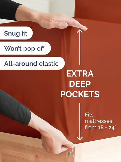 Extra Deep Twin XL Fitted Sheet - Hotel Luxury Single Fitted Sheet Only - Easily Fits 18 inch to 24 inch Mattress - Ultra Soft, Wrinkle Free with Extra Deep Pockets - Breathable & Comfy - Terracotta