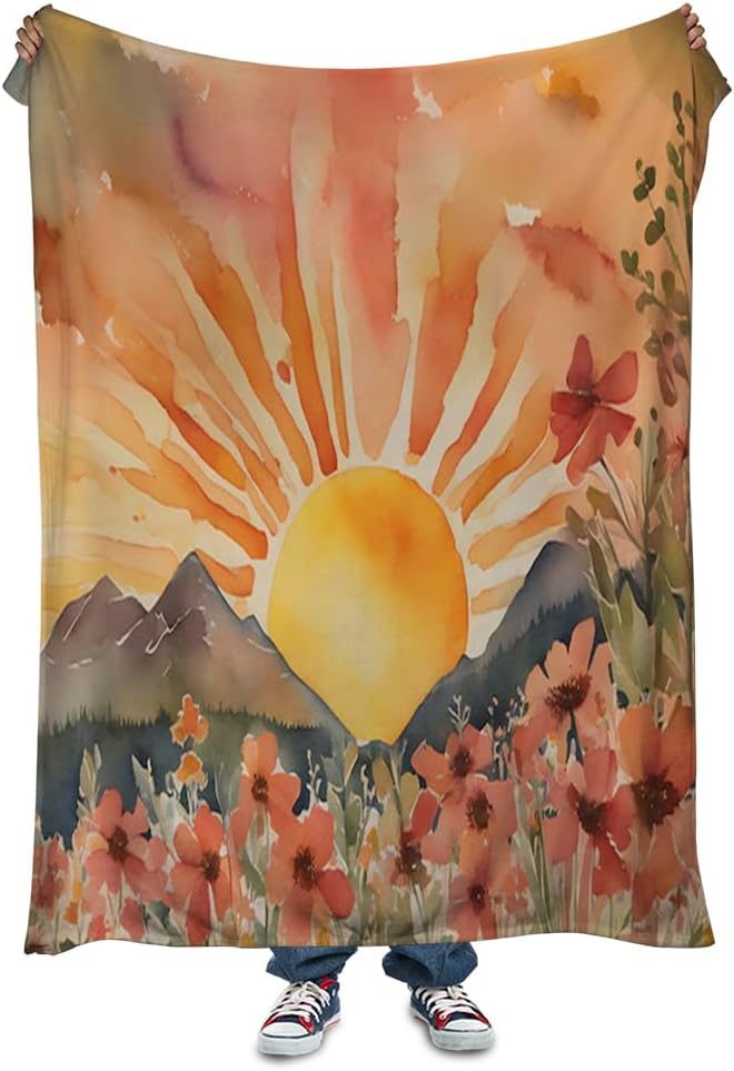 Burn Orange Boho Sunrise Sunset Sun Print Throw Blankets Pink Floral Flower Blanket Modern Abstract Throws Spring Blankets for Couch Boho Decorative Blanket for Sofa Bed Living Room 40"x50"