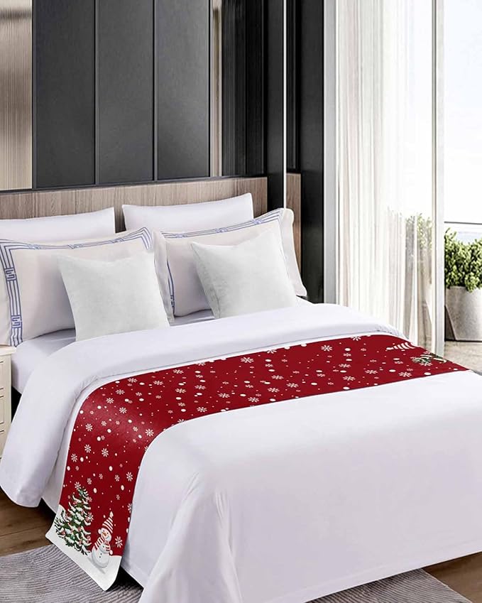 Christmas Tree Snowflakes Snowman Bed Runners for Bedroom Hotel,Decorative Bedding Scarf Red White Green Bed End Blanket Bedding Runner Scarves for King Size Bed,102x20in