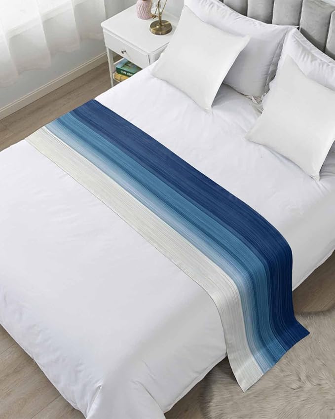 Abstract Navy Blue Ombre Stripe Art Bed Runners for Bedroom Hotel,Decorative Bedding Scarf Modern Color Line Texture Bed End Blanket Bedding Runner Scarves for Queen Size Bed,94x20in
