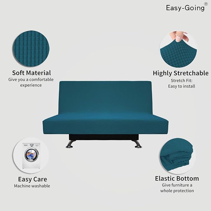Easy-Going Stretch Futon Slipcover Armless Futon Bed Cover Furniture Protector Without Armrests with Elastic Bottom for Kids, Soft Jacquard Fabric Small Checks (Medium, Peacock Blue)