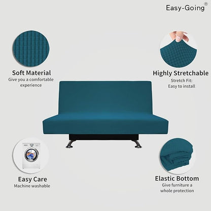Easy-Going Stretch Futon Slipcover Armless Futon Bed Cover Furniture Protector Without Armrests with Elastic Bottom for Kids, Soft Jacquard Fabric Small Checks (Medium, Peacock Blue)