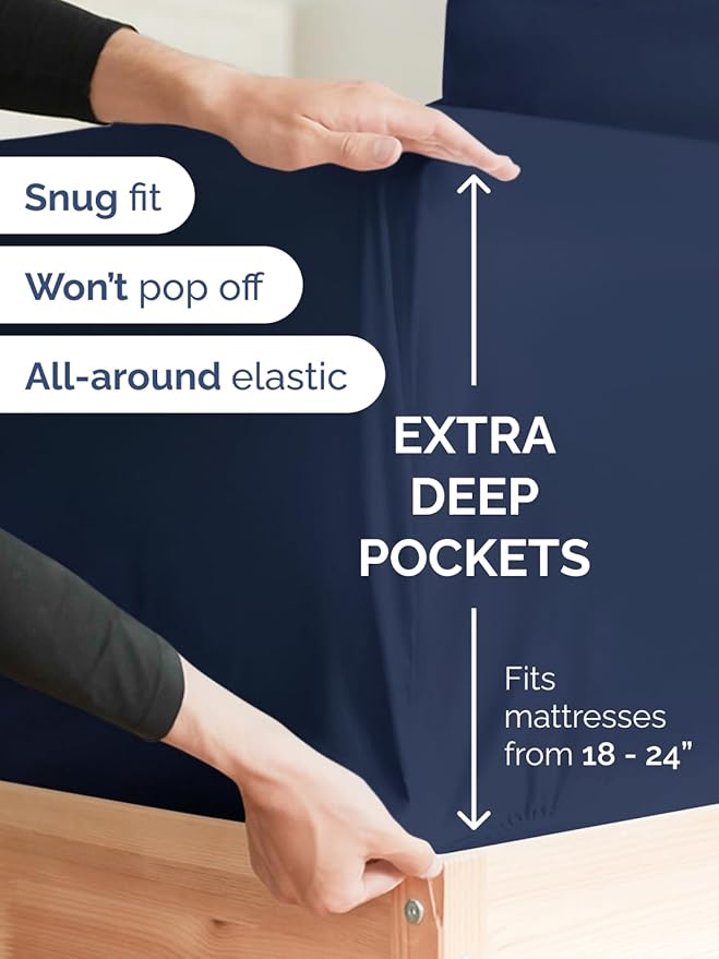 Extra Deep King Fitted Sheet - Hotel Luxury Single Fitted Sheet Only - Easily Fits 18 inch to 24 inch Mattress - Ultra Soft, Wrinkle & Fade Free w/Extra Deep Pockets - Breathable & Comfy - Navy Blue