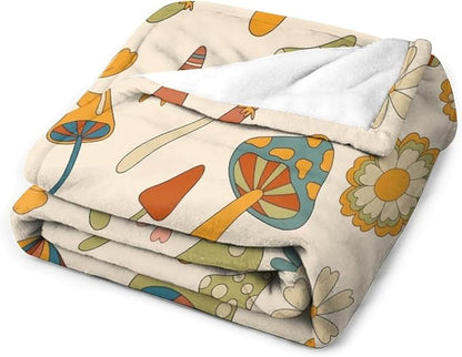 70s Mushroom Throw Blanket, Retro 60s Groovy Mushroom Boho Hippie Flowers Print Blanket for Kids Baby Bedroom Sofa Holiday Decor 30"x40"