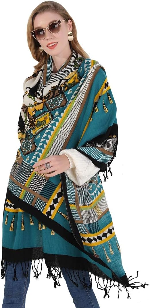 DANA XU 100% Merino Wool Pashmina Shawl for Women 96"x43", Oversized Cashmere Wrap with Tassels, Floral Travel Blanket Cape