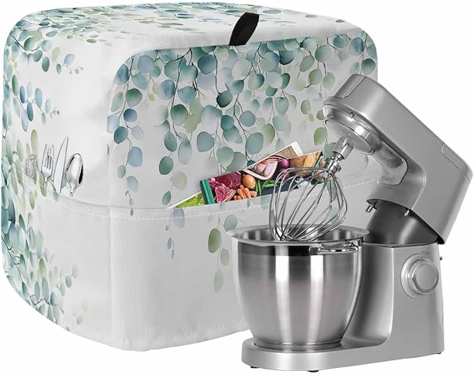 Eucalyptus Leaves Stand Mixer Dust Cover with Storage Pocket & Handles, Fits All Tilt Head & Bowl Lift Spring Botanical Vines Kitchen Appliance Cover Organizer Watercolor Bag Accessories, 6-8 Quart