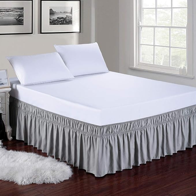 MEILA Wrap Around Bed Skirt Three Fabric Sides Elastic Dust Ruffled 14 Inch Tailored Drop,Easy to Install Fade Resistant-Grey, Queen/King