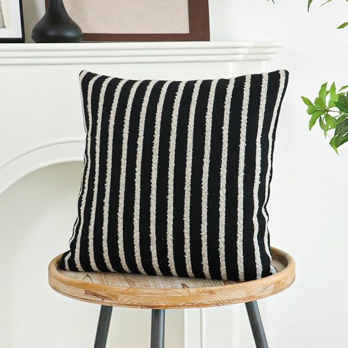 Jonhier Black Striped Boho Throw Pillow Cover, Modern Boucle Textured Square Pillowcase for Sofa Couch Bed, Neutral Farmhouse Accent Decorative Cushion Cover for Living Room Bedroom, 18 x 18 inch