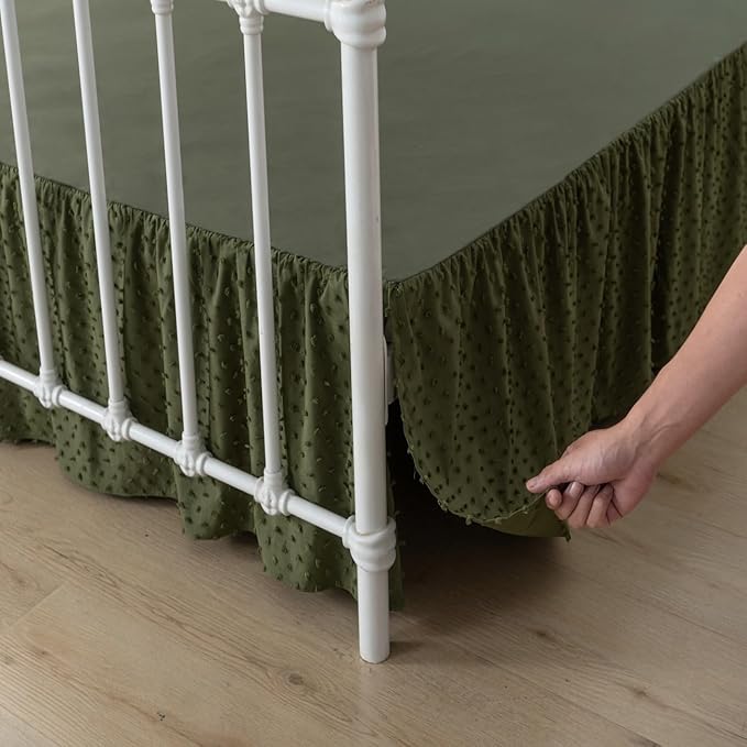 Tufted Dot Bed Skirt Queen Size Ruffled Bed Skirt with Split Corners, 18 Inch Drop Dust Ruffle Bed Skirts with Platform, Olive Green