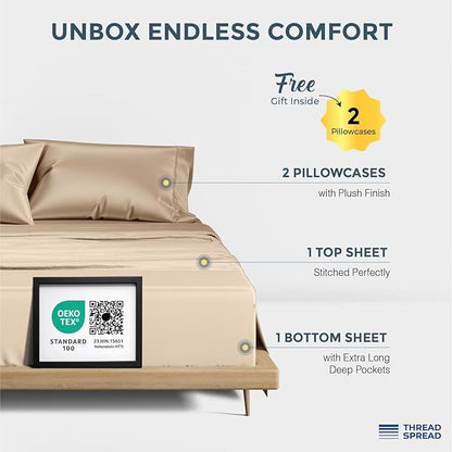 THREAD SPREAD 100% Egyptian Cotton Sheets Queen Size - 1500 Thread Count 4 PC Sheet Set Egyptian Cotton, Sateen Luxury Sheet Queen Size, Silky Soft Sateen Sheets, 17" Deep Pocket - Taupe