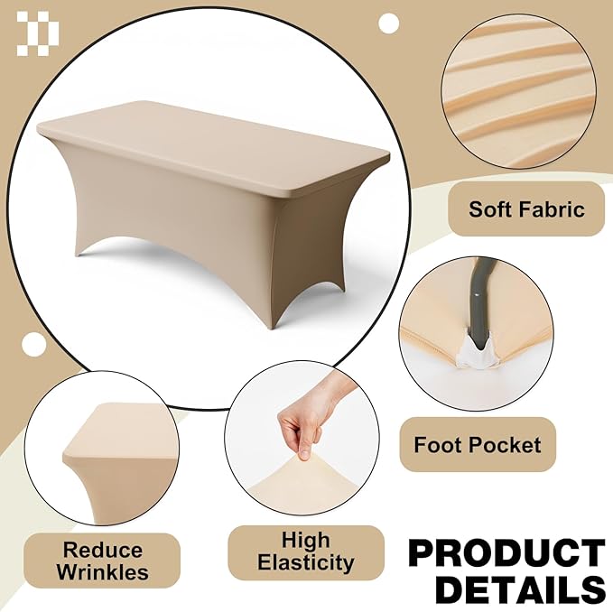 Trlyc 1 Pack 6FT Spandex Table Cloth - 72 x 30 Inch Rectangular Stretch Tablecloth, Wrinkle Resistant Scretch Table Cover for Wedding, Party, Banquet, Picnic, Outdoor Decoration (1Pcs,Champagne)