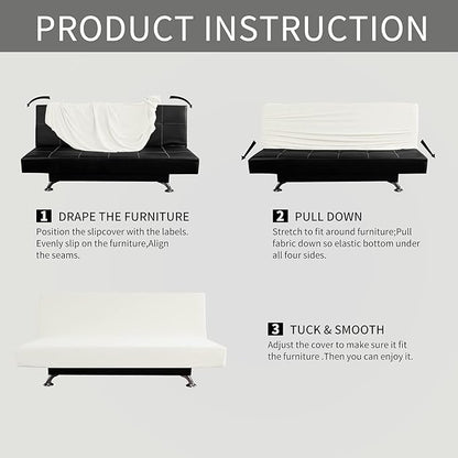 Easy-Going Stretch Futon Slipcover Armless Futon Bed Cover Furniture Protector Without Armrests with Elastic Bottom for Kids, Soft Jacquard Fabric Small Checks (Large, Cream)