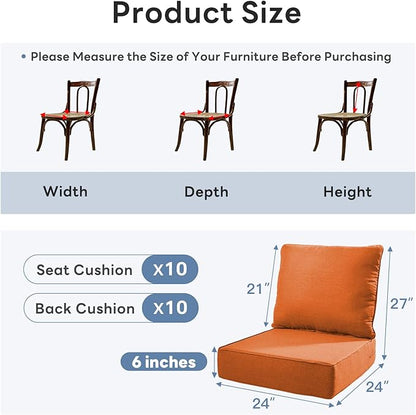 6" Thicker Outdoor Chair Cushion 10 Sets - 24" *24" *6" Waterproof Patio Furniture Cushions with Removable Cover, 28D High Density Sponge Filling Thicken Outdoor Patio Cushions - Orange