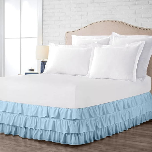 Multi-Ruffle Bed Skirt, Soft Multi Elastic Dust Ruffles with Wrap Around Bed Skirt Easy Fit with 18 Inch Drop 100% Cotton 800 Thread Count (RV Bunk 42X80, Light Blue)