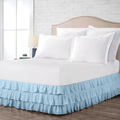 Multi-Ruffle Bed Skirt, Soft Multi Ruffle Bed Skirt Elastic Dust Ruffles with Wrap Around Bed Skirt Easy Fit with 18 Inch Drop 100% Cotton 800 Thread Count Bed Skirt (Twin, Light Blue)