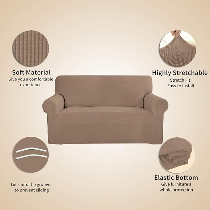 Easy-Going Stretch 4 Seater Sofa Slipcover 1-Piece Sofa Cover Furniture Protector Couch Soft with Elastic Bottom for Kids, Polyester Spandex Jacquard Fabric Small Checks Camel