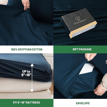 1000 Thread Count Egyptian Cotton Sheets Queen Size Set 4PCS Sateen Weave Soft Breathable 16-Inch Deep Pocket（Queen,Navy）