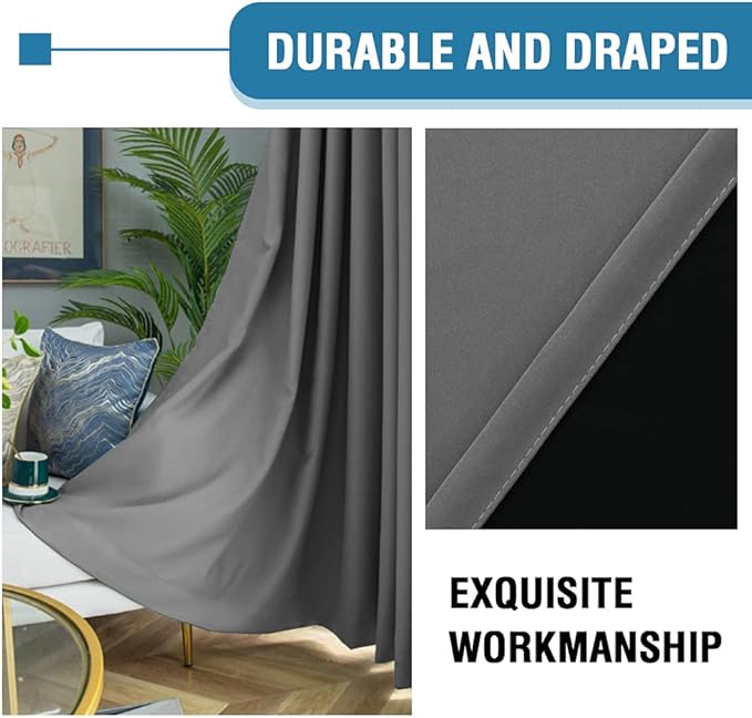 H.VERSAILTEX 100% Blackout Curtains for Bedroom Thermal Insulated Blackout Curtains 63 inch Length Heat and Full Light Blocking Curtains for Living Room with Black Liner 2 Panels Set, Grey