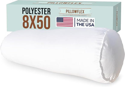 Pillowflex Bolster Pillow (8x50) - Round Roll Pillow Bolster Insert, Plush Polyester-Filled Insert for Decorative Shams, Odorless, Lint and Dust-Free Polyester Filling, No Lumps - (White)