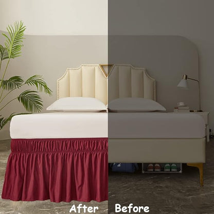 MEILA Wrap Around Bed Skirt Three Fabric Sides Elastic Dust Ruffled 24 Inch Tailored Drop,Easy to Install Fade Resistant-Burgundy, Twin/Full