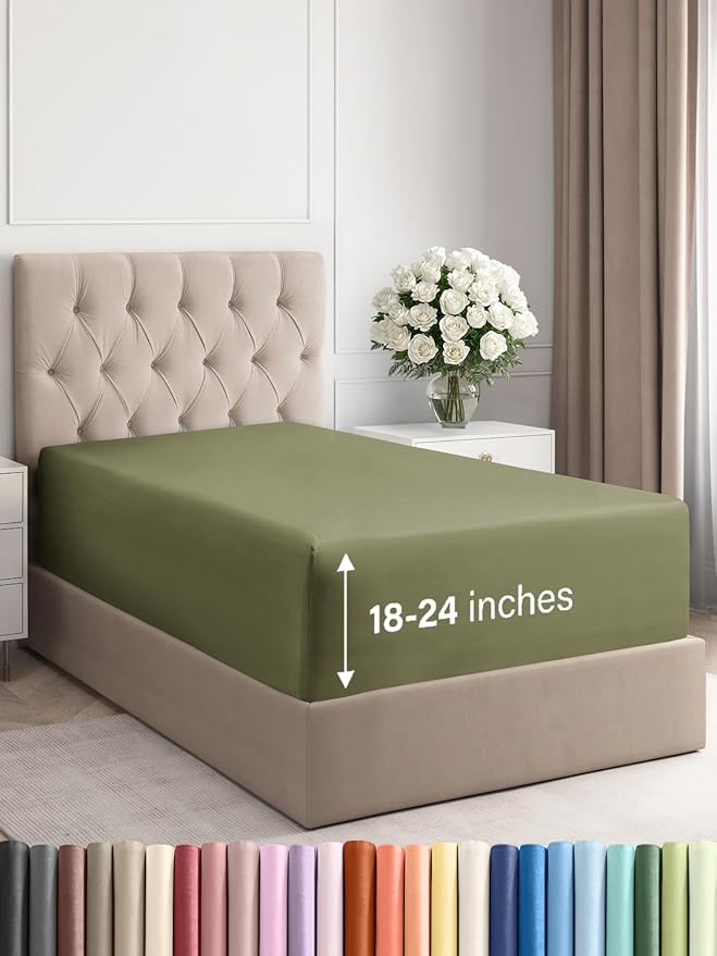Extra Deep Twin XL Fitted Sheet - Hotel Luxury Single Fitted Sheet Only - Easily Fits 18 inch to 24 inch Mattress - Ultra Soft, Wrinkle Free with Extra Deep Pockets - Breathable & Comfy - Sage Green