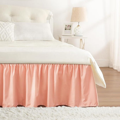RIMELA Peachy Coral Bed Skirt Queen Size 18 Inch Drop, Elastic Bed Skirting for Bed Base and Frame, Bedding Dust Ruffle Easy to Install, Wrap Around Adjustable Bedskirt