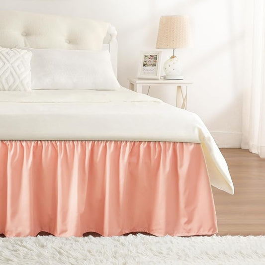 RIMELA Peachy Coral Bed Skirt Queen Size 18 Inch Drop, Elastic Bed Skirting for Bed Base and Frame, Bedding Dust Ruffle Easy to Install, Wrap Around Adjustable Bedskirt