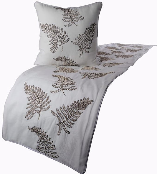 The HomeCentric White Bed Runner, CA King Size 86"x18" Decorative Bed Runner with 2 Matching Pillow Cover, White Linen Bed Scarf in Fern Embroidery & Pearl - Fern Blossom