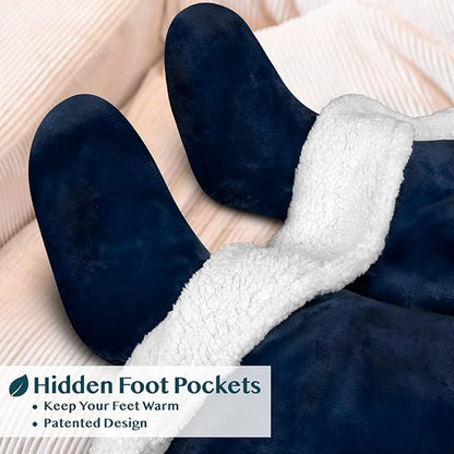 PAVILIA Sherpa Blanket with Sleeves, Foot Pocket for Women Men Adults, Thick Wearable Blanket Throw Wrap, Fleece Warm Snuggle Blanket Robe, Cozy Gift Ideas Wife Mom, Navy Blue